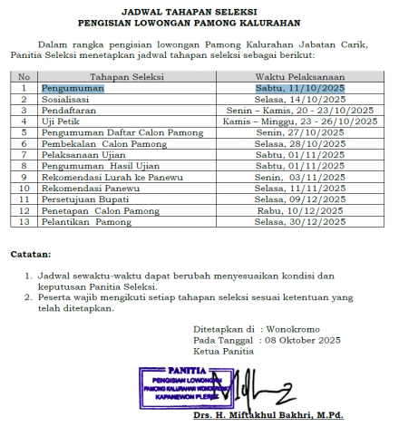 JADWAL TAHAPAN SELEKSI PENGISIAN LOWONGAN PAMONG KALURAHAN WONOKROMO – JABATAN CARIK 2025